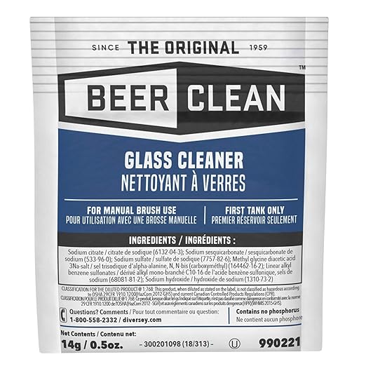 BEER CLEAN Diversey Bar Glass Cleaner 0.5 oz Packets (100-Pack) – Concentrated Powdered Compound for Hot/Cold Water Odorless Detergent No Residue Use for Manual Brush 3-Sink Systems 990221