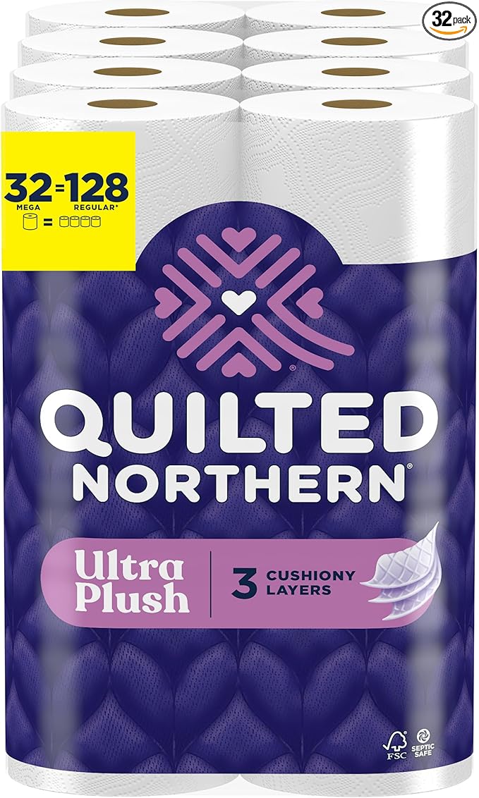 Quilted Northern Ultra Plush Toilet Paper 32 Mega Rolls = 128 Regular Rolls 3X Thicker* 3 Ply Soft Toilet Tissue