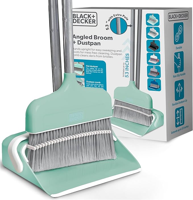 BLACK+DECKER Butler Broom &amp Dustpan Set - Short Handle Stand-Up Design - Lightweight Space-Saving Combo for Kitchen Living Room Bathroom Lobby Floors - Home Cleaning Essential Teal/Grey