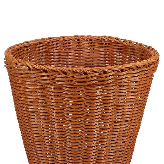 Housoutil Imitation Rattan Trash Woven Holder with Lid Handmade Round Desktop Wastebasket Brown Multi-Function Storage Basket for Home Office Bathroom Use