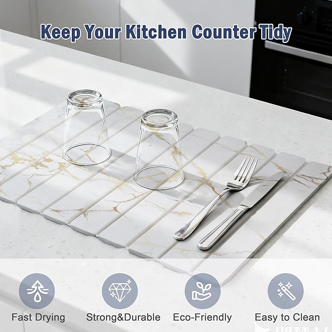 Stone Drying Mat for Kitchen Counter 24×16 White Marble Quick Dish Drying Mat with Sanding Pads Non-Slip Roll Up Absorbent Diatomaceous Earth Mat for Dishes Bottles Cups