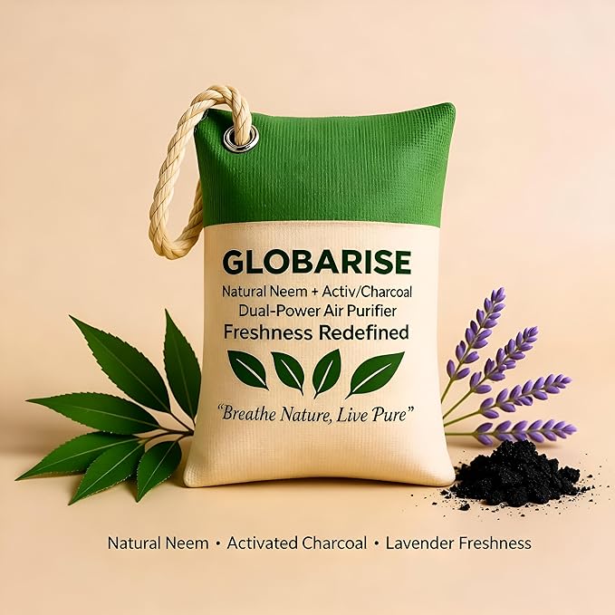 GlobaRise™ Dual Power Charcoal + Neem Odor Absorber Bags Natural Air Purifier Bags for Home Car Shoes &amp Pets | Activated Charcoal Deodorizer Eliminator | Eco-Friendly &amp Reusable | 100g Pack