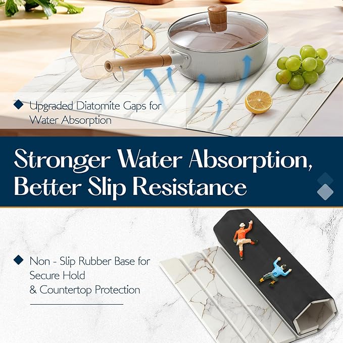 Large Stone Drying Mat for Kitchen Counter - 23.4 x 15.4 Quick Drying Foldable Dish Drying Mat - Super Absorbent Diatomaceous Earth Mat - Stone Dish Drying Mat for Cups Bottles