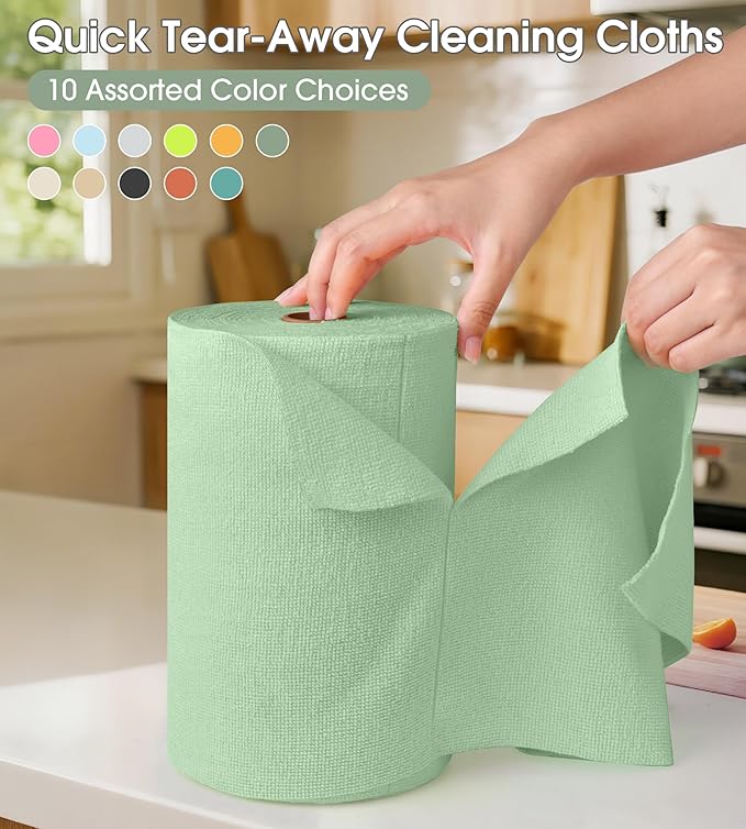 KitchLife Microfiber Cleaning Cloth Roll 100 Pack - Tear-Away Microfiber Paper Towels Lint-Free Reusable Washable for Kitchen Car Dishes and Sensitive Surfaces (Bean Green)