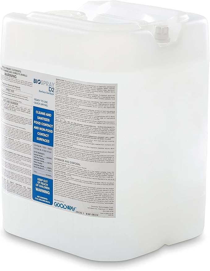 Goodway BioSpray D2 Surface Cleaner Sanitizer and Disinfectant 60 Second Dry Time -No Wiping. Alcohol-Based. Sanitizes Non-Food Contact Surfaces in 10 Seconds 5 Gal. Container
