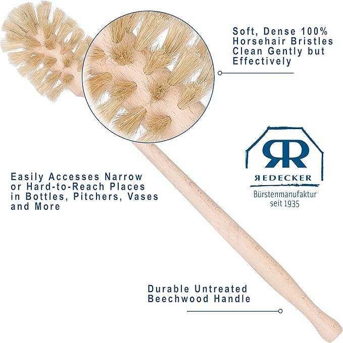 REDECKER Bottle Brush Cleaner - Horsehair and Beechwood Handle for Vases Pitchers Mugs and Baby Bottles 13-3/4 Inch - Horsehair Bottle Brush - Wooden Bottle Brush - Wood Bottle Scrubber
