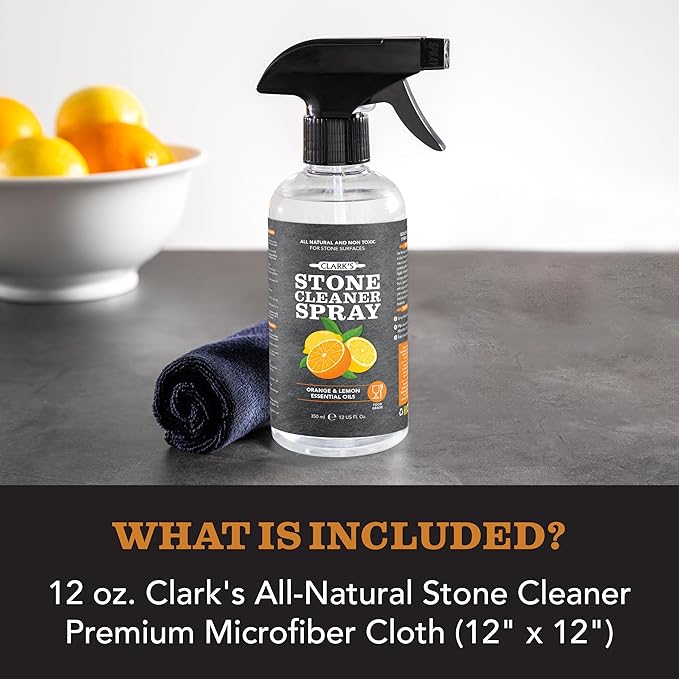 CLARK'S Natural Stone Spray Cleaner with Microfiber Cloth for Soapstone Granite Quartz Marble &amp other Countertop Surfaces – Pure Ingredients to Keep Stone Protected Citrus Oil Extracts 12oz