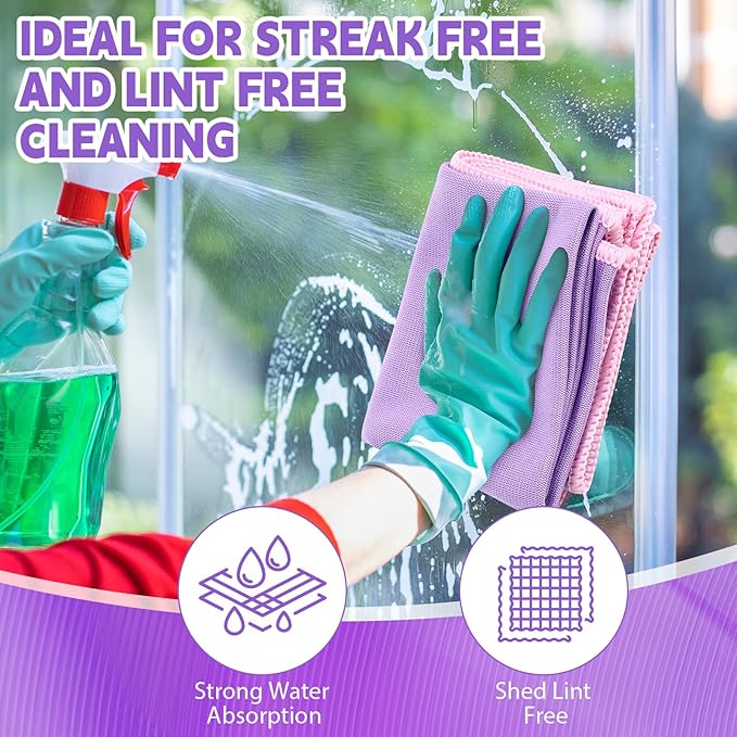 Maxcheck 24 Pack Magic Cleaning Cloth 16 x 16 Inch Microfiber Glass Cleaning Cloths Reusable Lint Free Microfiber Towels for Kitchen Dish Windows Mirror Glass Car(Purple)