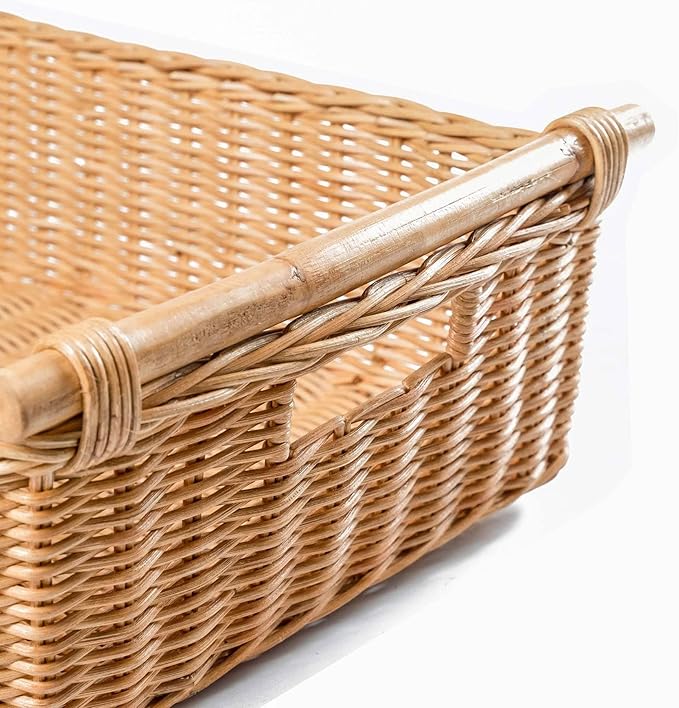 The Basket Lady Low Pole Handle Wicker Storage Basket Large 19.5 in L x 12.5 in W x 6 in H Sandstone
