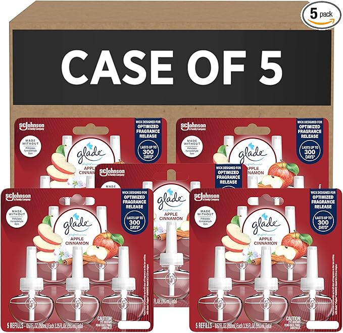Glade PlugIns Refills Air Freshener Scented and Essential Oils for Home and Bathroom Apple Cinnamon 3.35 Fl Oz 5 Count (Pack of 5) 25 Refills Total