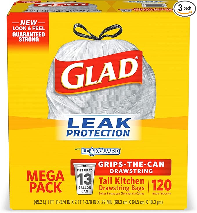 Glad Trash Bags Tall Kitchen Drawstring Garbage Bags White 13 Gallon 120 Bags 3 Packs
