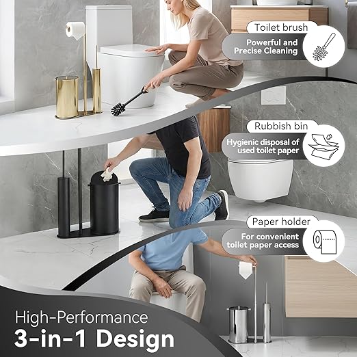 BVL Bathroom Trash Can with Toilet Paper Holder &amp Toilet Brush Stainless Steel Matte Black 1.32 Gallon Wastebasket with Lid Space-Saving Bathroom Accessories