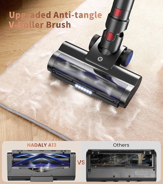 NADALY Cordless Vacuum Cleaner 500W 40KPA Stick Vacuum with 45min Runtime Anti-Tangle Vacuum Cleaners for Home 1.5L Dust Cup Rechargeable Wireless Vacuum for Hardwood Floor Carpet Pet Hair