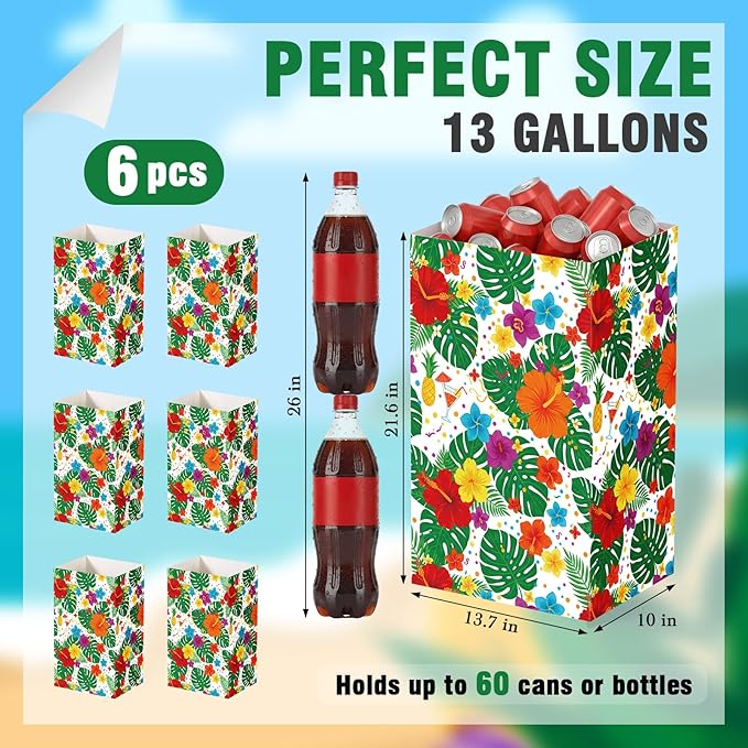 Tinlade 6 Pack 13 Gallon Tropical Disposable Trash Cans Extra Large Thickened Waterproof Reusable Garbage Bins Foldable Pop up Bins with Palm Leaves Hibiscus Flower for Summer Pool Beach Luau Party