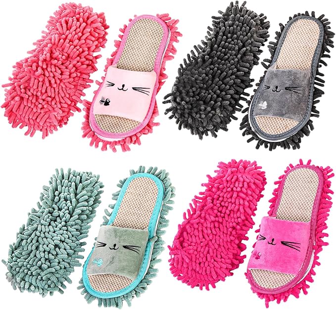 Bekith 4 Pairs Washable Mop Slippers Detachable Microfiber Cleaning Shoes for Women Men Home Office Floor Dust Dirt Clean Medium