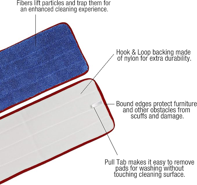 CleanAide All-Purpose Mega Microfiber Mop Pads with Hook &amp Loop Backing for Home &amp Commercial Cleaning Super Absorbent Reusable Washable Traps Dust Dirt &amp Pet Hair 18” 6-Pack Red