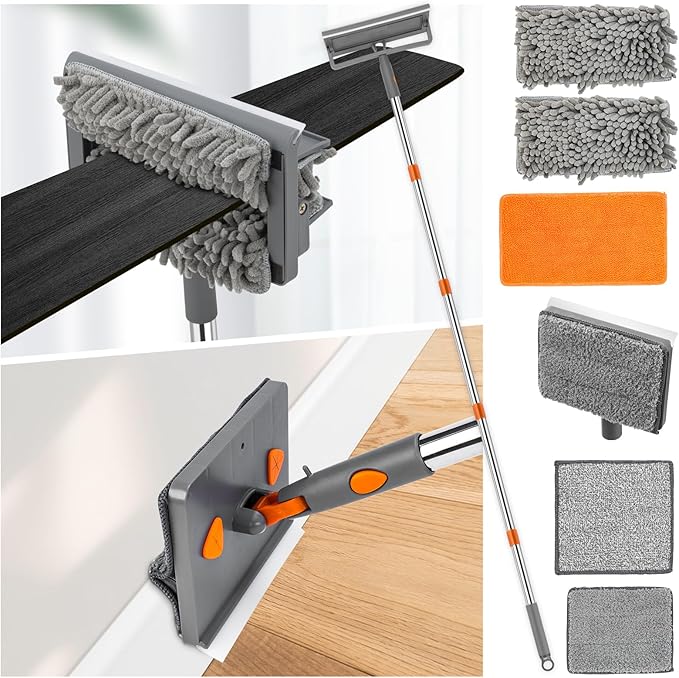 Ceiling Fan Cleaner Duster with 84'' Extension Pole Baseboard Cleaner Tool with Handle Reusable Chenille &amp Microfiber Pads for Dusting Ceiling Fan Baseboard Wall Window Floor