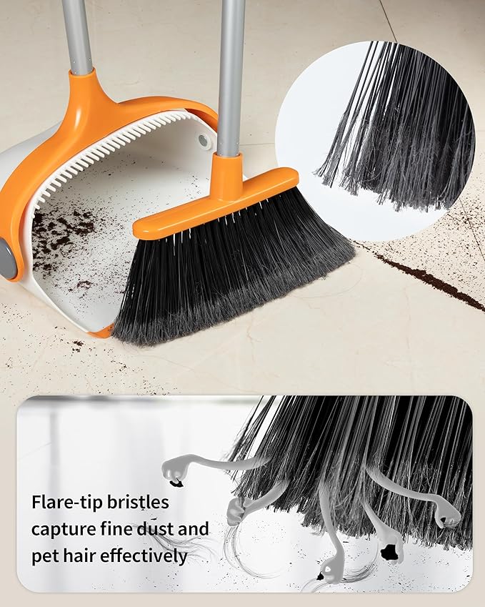 MR.SIGA Broom and Dustpan Set with Long Handle Stand Upright Broom with Dustpan Combo for Cleaning Office Garage Lobby Lightweight Sweeping Set 51.7(131 cm) Long Handle White &amp Orange