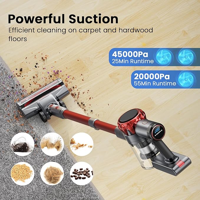 S3P Cordless Vacuum Cleaner 45kPa Powerful Suction Vacuum Cleaners for Home 55-Min Runtime Rechargeable Stick Vacuum Self-Standing for Pet Hair Carpet Hard Floor LED Display