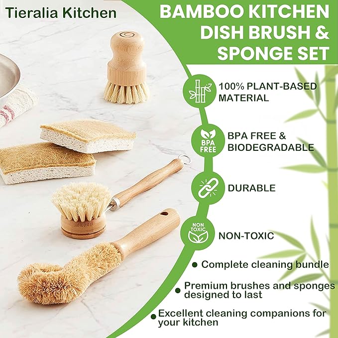 Tieralia Bamboo Dish Brush Gift Set – 5-Piece Kitchen Cleaning Set with Bottle Brush Round Scrub Brush Palm Brush &amp 2 Plant-Based Sponges | Wooden Handle Cleaning Tools for Dishes &amp Surfaces