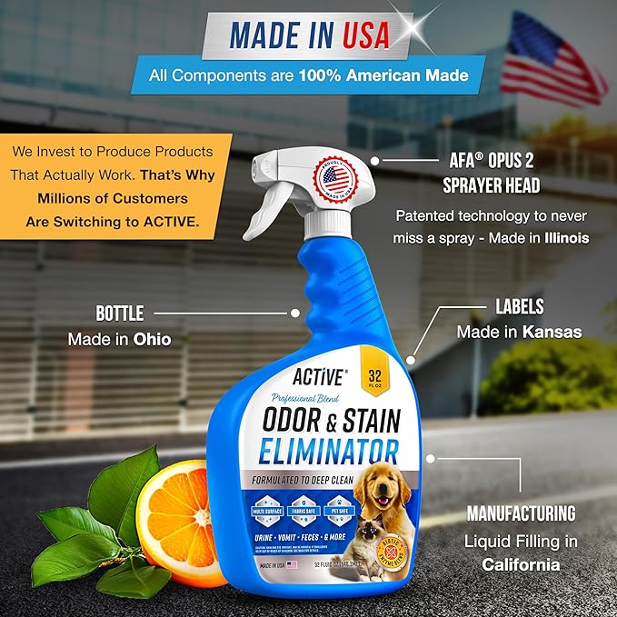 Pet Odor and Stain Eliminator - 32 oz ACTIVE Enzyme Cleaner for Dog &amp Cat Urine Stain Remover Spray for Carpet Upholstery Hardwood Spot Cleaning Deodorizer for Dogs Cats Pets - Natural Citrus