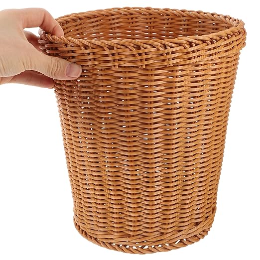 Amosfun Rattan Waste Baskets Round Woven Trash Can Wicker Garbage Containers Bin Rustic Flower Baskets Laundry Hamper for Home Bathroom Kitchen Office Brown