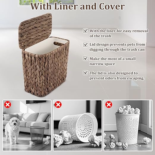 Wicker Trash Can with Lid and Liner Handwoven Wicker Waste Basket Water Hyacinth Bathroom Trash Can Boho Rattan Garbage Wastebasket for Bedroom Home Living Room Office 2.5 Gallon Espresso
