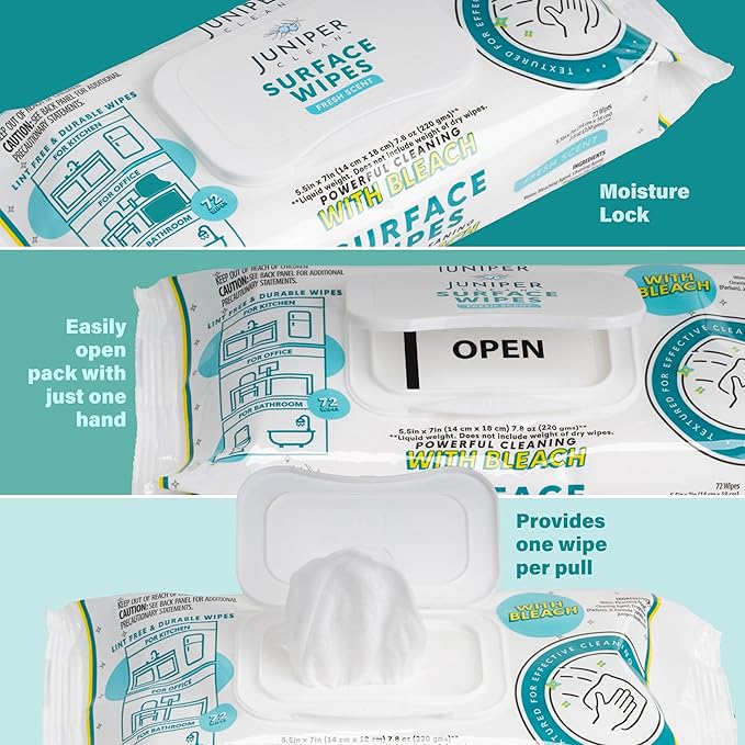24 Pack Surface Cleaning Wipes with Bleach All-Purpose Cleaner for Bathroom Kitchen Office 1728 Count Soft Flow Fresh Scent Lint Free &amp Durable