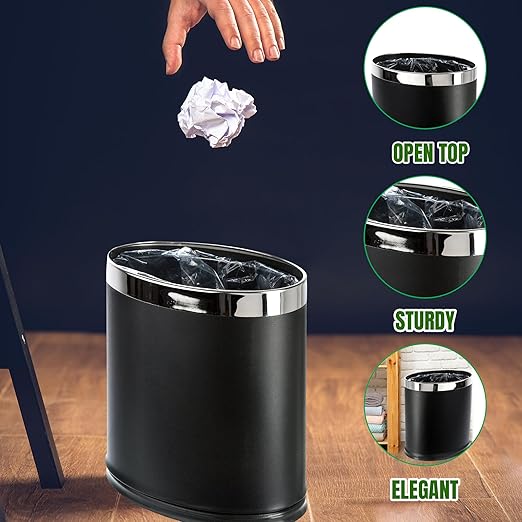 'Invisi-Overlap' Metal Trash Can Open Top Small Office Wastebasket Oval Shape (Black)