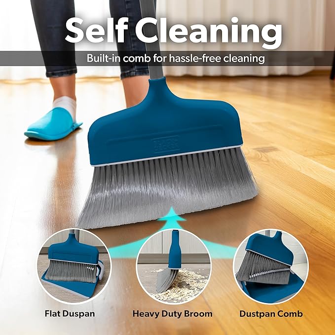 BLACK+DECKER Butler Broom &amp Dustpan Set - Stand-Up Design - Lightweight Space-Saving Combo for Kitchen Living Room Bathroom Lobby Floors - Home Cleaning Essential Ocean Blue
