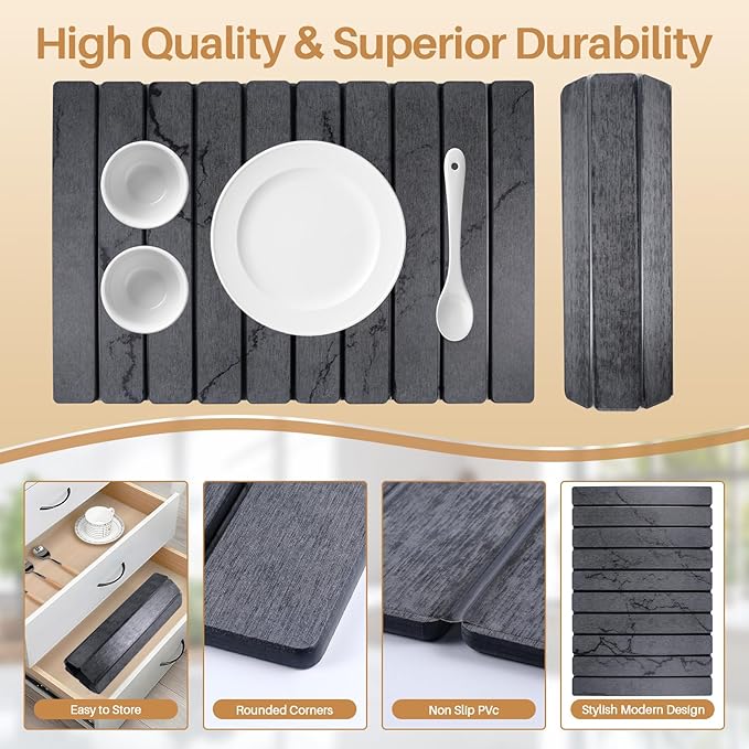 2 PCS Quick Dry Stone Dishes Mats for Kitchen CounterCollapsible Quick Drying Dish MatsUltra Absorbent Diatomaceous Earth Mats for Dishes Bottles Cups Match Any Countertop（Gray 24×16&amp 8x4）