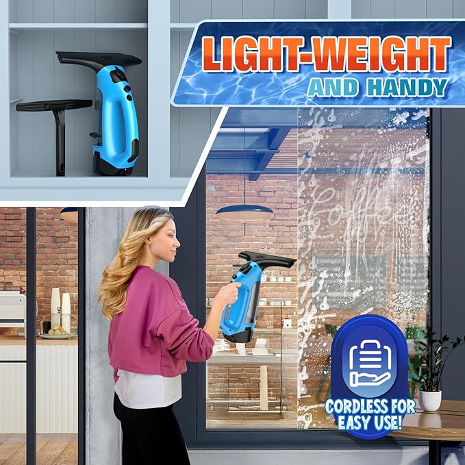 3 in 1 Rechargeable Window Vacuum Squeegee Cordless with 10 inch Blade Window Cleaner for Efficiently Spraying Wiping and Vacuuming Windows Mirrors Shower Glass Tiles and Countertops Blue