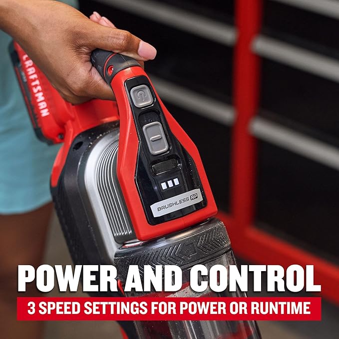 CRAFTSMAN V20 Stick Vacuum Cordless Rechargeable3 Speed Lightweight Powerful Suction Brushless Extended Runtime Battery and Charger Included (CMCVS501M1)