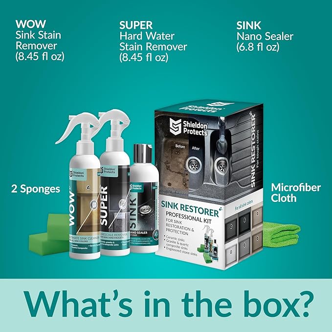 Shieldon Protects Sink Restorer Kit – 3-Step System: Heavy Duty Kitchen Sink Cleaner Hard Water Stain Remover &amp Nano Sealer Protector for Granite Composite Quartz Porcelain &amp Ceramic Kitche