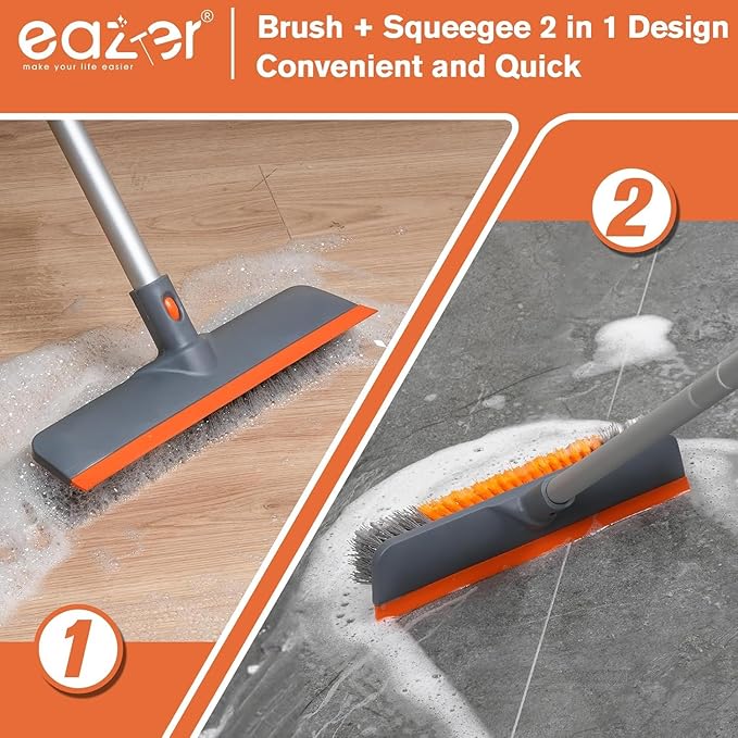 Eazer Floor Scrubber Brush 2-in-1 Deck Scrubber Brush with Long Handle Soft &amp Hard Bristle Brush for Cleaning Concrete Squeegee Broom for FloorBathroom GarageKitchenWallTile and Swimming Po