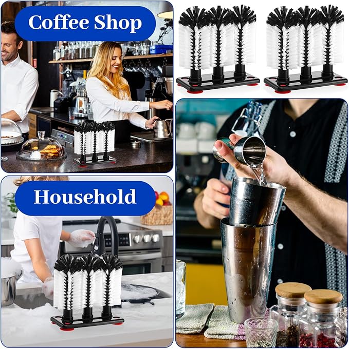 2 Pack Water Bottle Cleaning Brush with 3 Brushe Heads &amp Suction BaseGlass Cup Washer for Sink Bar Beer Cup Wine Glass（7.3 x 3.7 x 7.5 inch）