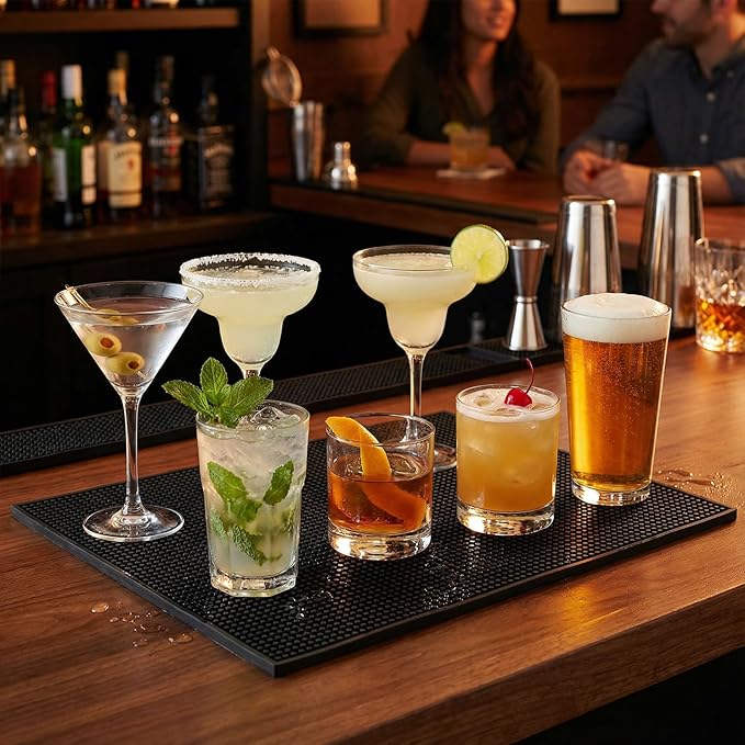 Tioncy 4 Pcs Bar Mat for Countertop 24 x 6 Inch Black Non Slip Cocktail Rubber Coffee Bar Service Mat for Bartending Hot Dishes Restaurants Barbershop Clippers Hot Pads