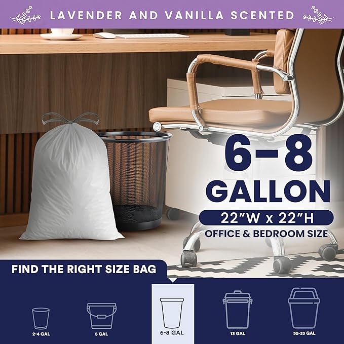 Plasticplace 8 Gallon Trash Bags │ 0.7 Mil │ Lavender and Soft Vanilla Scented Garbage Can Liners │ 22 x 22 (200 Count) White
