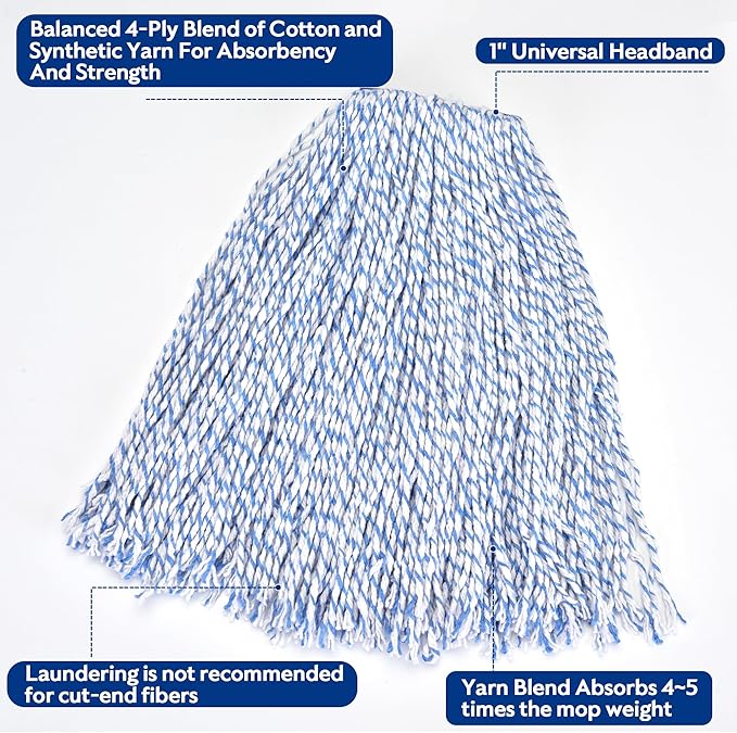 Matthew Cleaning Looped-Open Cotton Wet Mop 1.25'' Universal Headband Heavy Duty Commercial Mop Head Replacement for Indoor&ampOutdoor UseGrease Stain Floor Cleaning String Mop Head Refills Pack of
