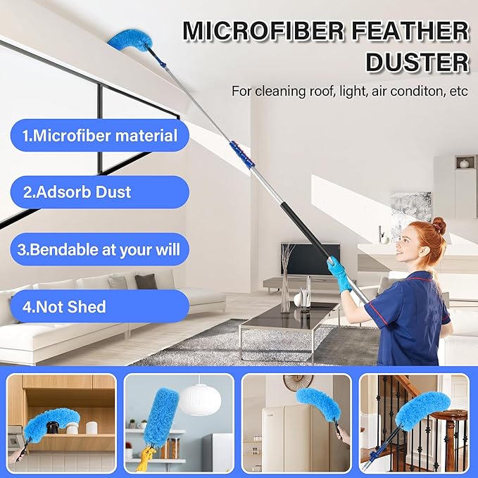 30 Foot High Reach Cleaning Kit with 6-24FT Telescoping Pole - High Ceiling Dusting and Window Cleaning Kit Cobweb Duster Window Washer &amp Squeegee Fan Duster and Feather Duster