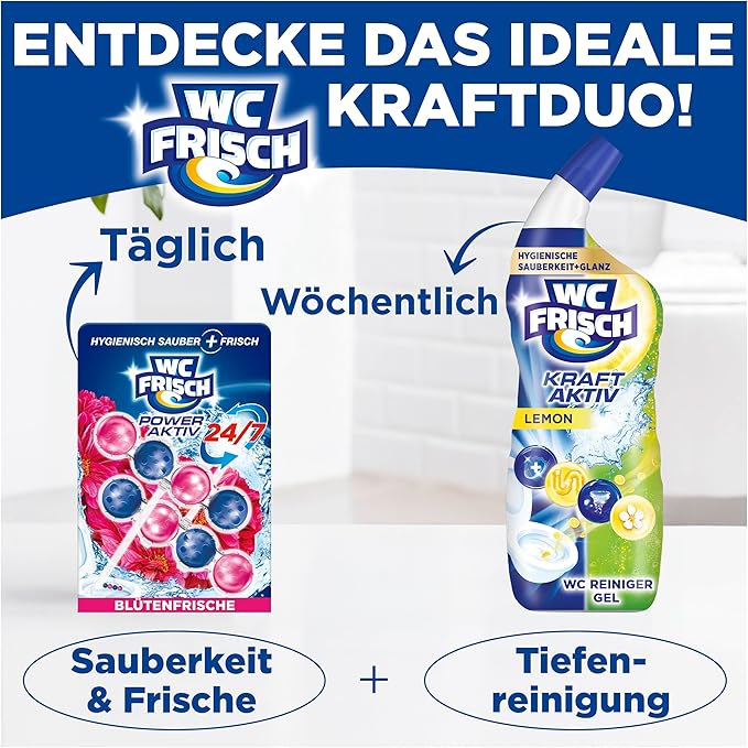 WC-Frisch Kraft Aktiv Fragrance Rinser Flower Freshness (2 x 50 g) Toilet Cleaner for Cleaning with Every Flush Fragrance Stones for Long-Lasting Fresh Fragrance + 50% Anti-limescale Effect