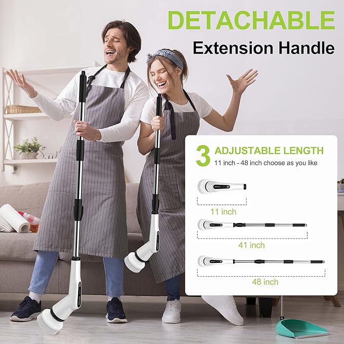 Electric Scrubber Brush IPX7 Electric Scrubber for Shower Electric Cleaning Brush Scrubber with 7 Replaceable Brush Heads &amp Retractable Handle 2-Speed Adjustable Spin Cleaning Brush