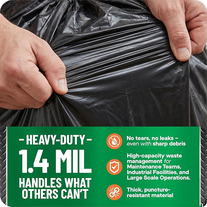 95-96 Gallon Heavy Duty Trash Bags – 1.4 Mil Extra Large 61 x 68 Garbage Bags for Rollaway Cans &amp Large Outdoor Trash Bins – Tear &amp Leak Resistant Commercial Liners – 40 Count Black Made in