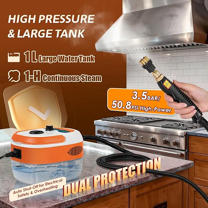 2500W Handheld Steam Cleaner Pressurized Steam Cleaning Machine with 3 Brush Heads 20s Heat Up 1L Tank Multipurpose Mini Portable Steamer for Tile Grout Furniture Kitchen Car Home