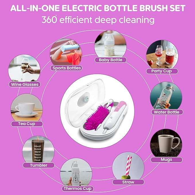 Baby Electric Bottle Brush Cleaner for New Parents Rechargeable 360° Rotation Bottle Cleaner Set Travel Bottle Cleaner Kit with Nipple Straw Brush and Milk Frother for New Baby Shower