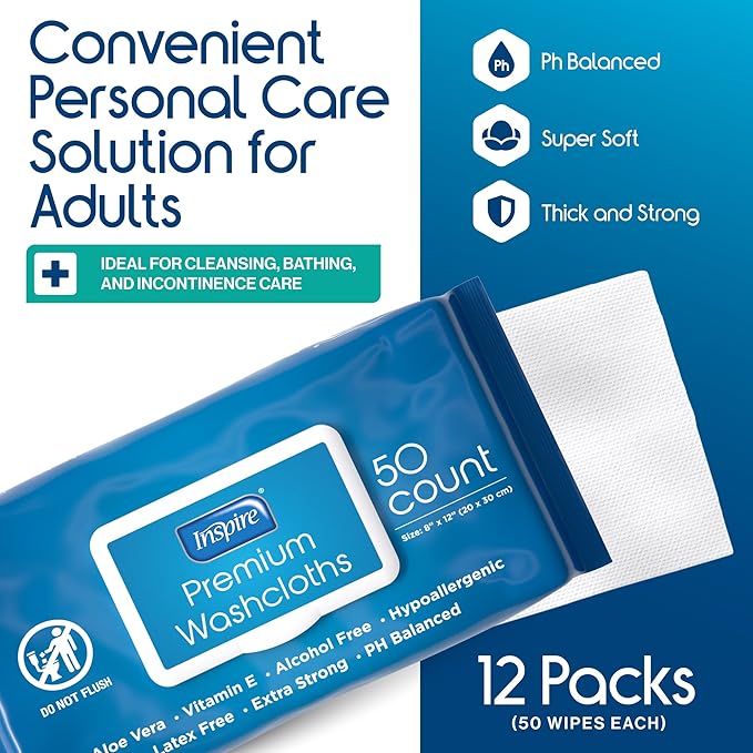 Inspire Adult Wet Wipes Wash Cloths | Adult Wipes for Incontinence &amp Cleansing for Elderly 8x12 Count 12 packs of 50