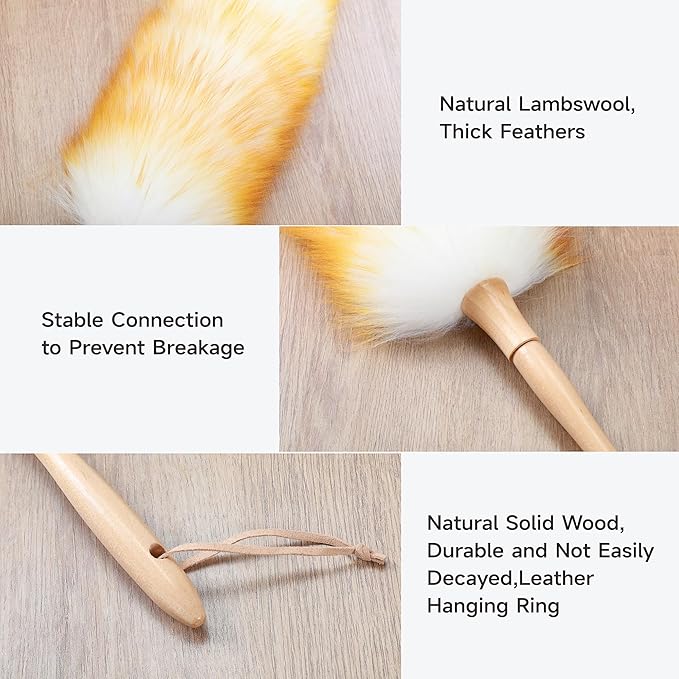 ONESIMUS 2 Pack Lambswool Dusters Fluffy Handheld Natural Feather Duster 11 inch Washable Reusable Wool Dusters with Solid Wooden Handle for Cleaning Ceiling Fan Interior &amp Car etc
