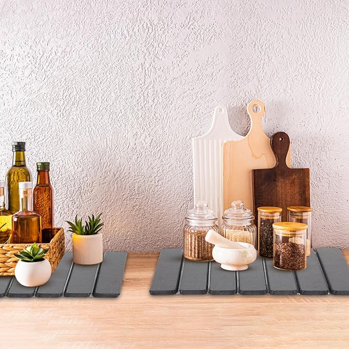 Sawysine 2 Pcs Stone Dish Drying Mats for Kitchen Counter 16x12 Collapsible Diatomaceous Earth Mats Absorbent Quick Drying Bath Kitchen Pad for Dishes Cups Bottles Fits Any Countertop(Dark Gray)