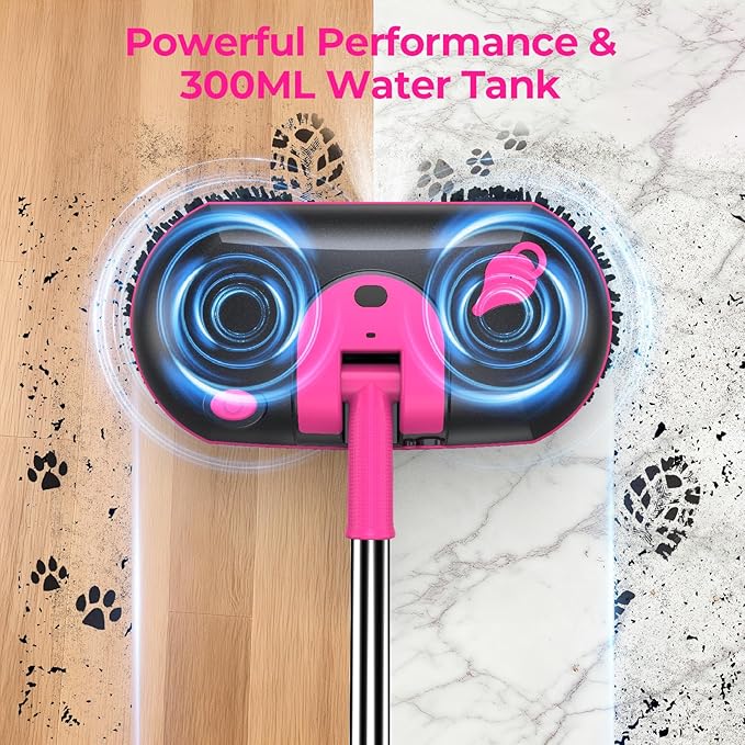 ScrubWiz Cordless Electric Spin Mop with Water Sprayer 300ml Tank Self-Propelled Floor Cleaner for Hardwood &amp Tile Quiet Cleaning Adjustable Handle 2500mAh Long-Lasting Battery Pink
