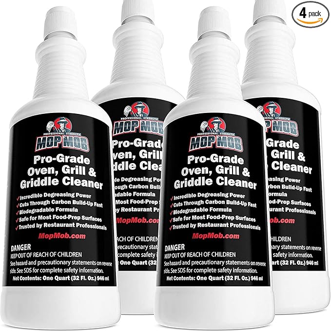 Food Safe Pro-Grade Grill &amp Oven Cleaner 4 x 32 Oz Ultra Strong Cleaning Liquid Dissolves Baked-On Grease &amp Carbon. Perfect for Your Cast Iron Cooktop Stainless Steel Flat Top Fryer